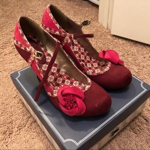Ruby Shoo Floral Burgundy Mary Jane Heel Worn Once